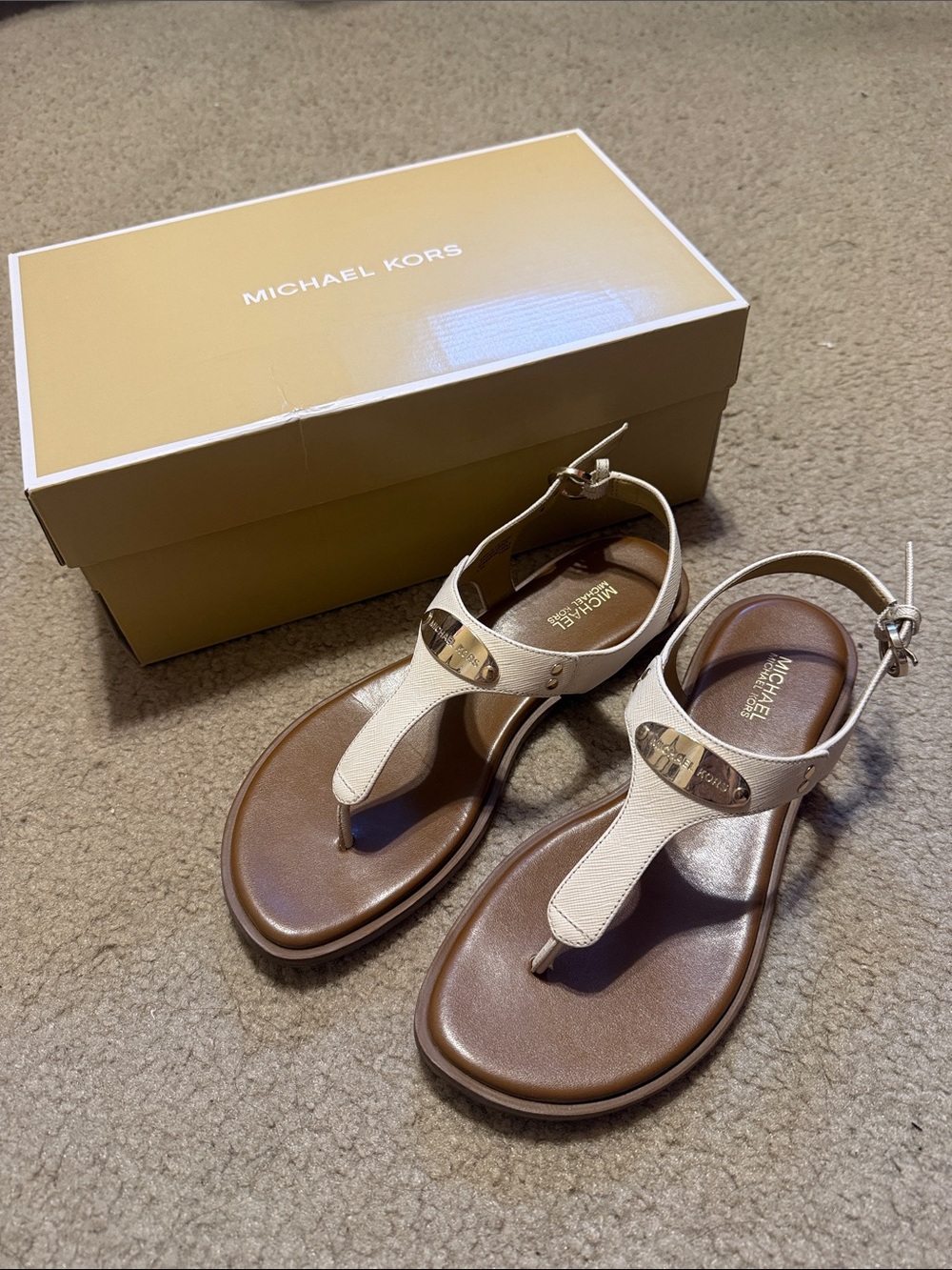 Michael Kors Cream Leather T-Strap Sandals